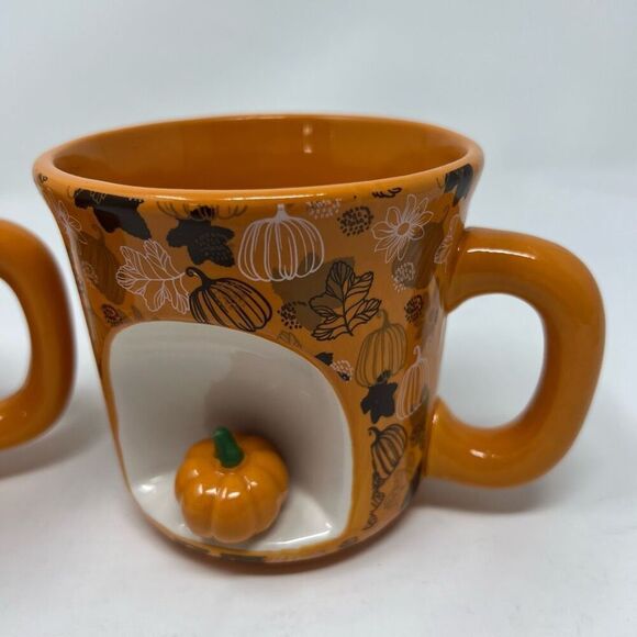 Set of 2 MARKET FINDS Coffee Mug Orange Happy Harvest Figural Ceramic Pumpkins - Picture 3 of 11